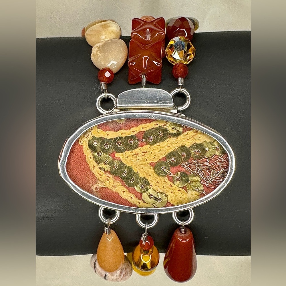 Ster Silver Personal Reliquary w Hair Work/Sequins on Assorted Gemstone Bracelet